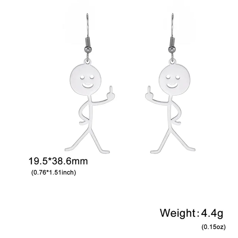 Funny Fuxk You Doodle Earrings for Woman 2024 Trend Punk Middle Finger Stickman Hip Hop Stainless Steel Dangle Earrings