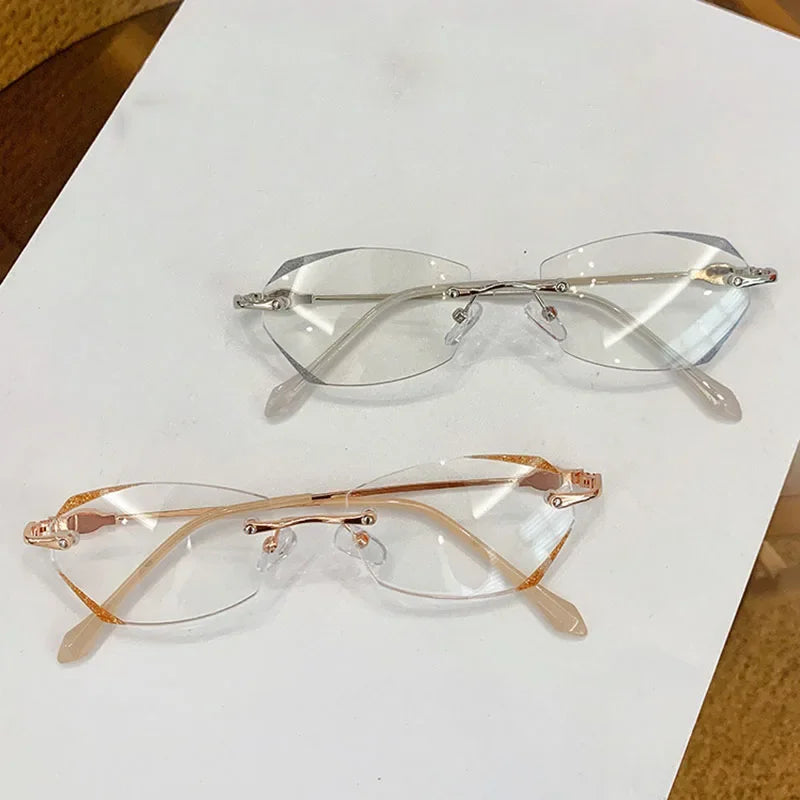 Presbyopic Glasses Luxury Women Rimless Diamond Cutting Frame anti Blue Light Eyeglasses Prescription Eyewear Diopter 0 to +4.0