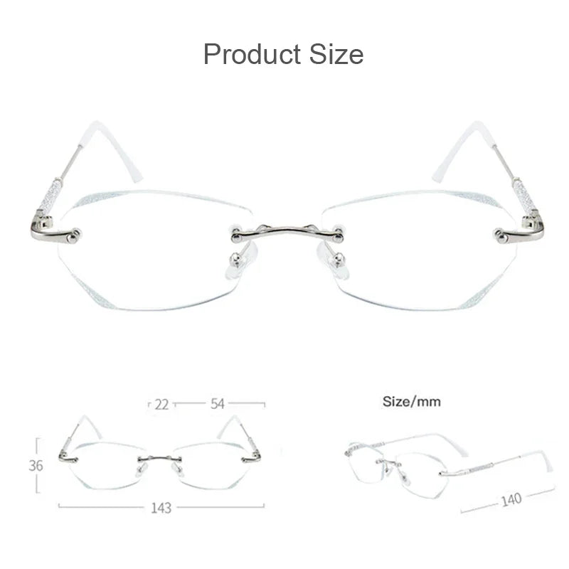 Presbyopic Glasses Luxury Women Rimless Diamond Cutting Frame anti Blue Light Eyeglasses Prescription Eyewear Diopter 0 to +4.0