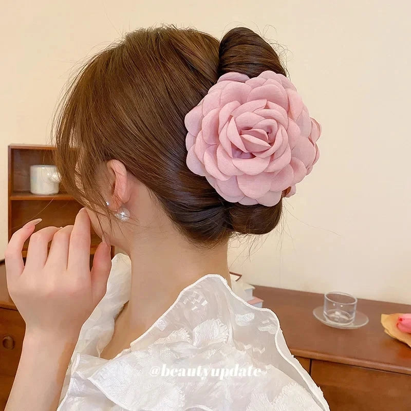 YHJ Three-Dimensional Rose Flower Hair Claw Handmade Fabric Flowers Ins Hot Grab Hair Clip Shark Clip Hair Accessories for Women