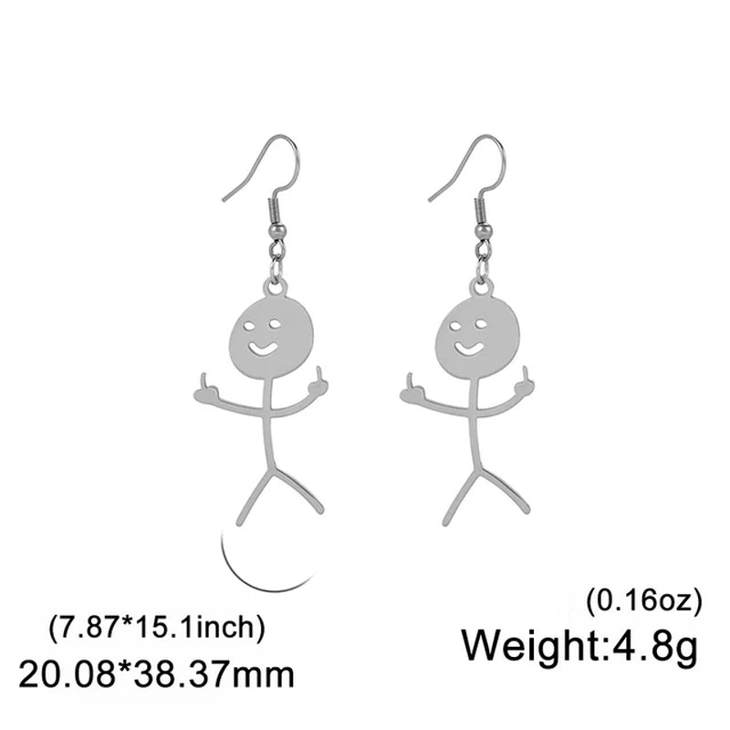 Funny Fuxk You Doodle Earrings for Woman 2024 Trend Punk Middle Finger Stickman Hip Hop Stainless Steel Dangle Earrings