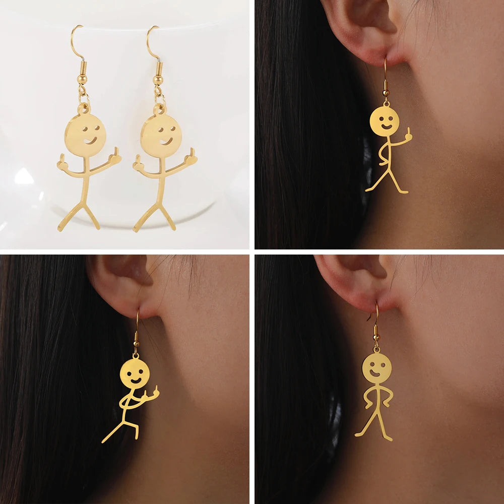 Funny Fuxk You Doodle Earrings for Woman 2024 Trend Punk Middle Finger Stickman Hip Hop Stainless Steel Dangle Earrings