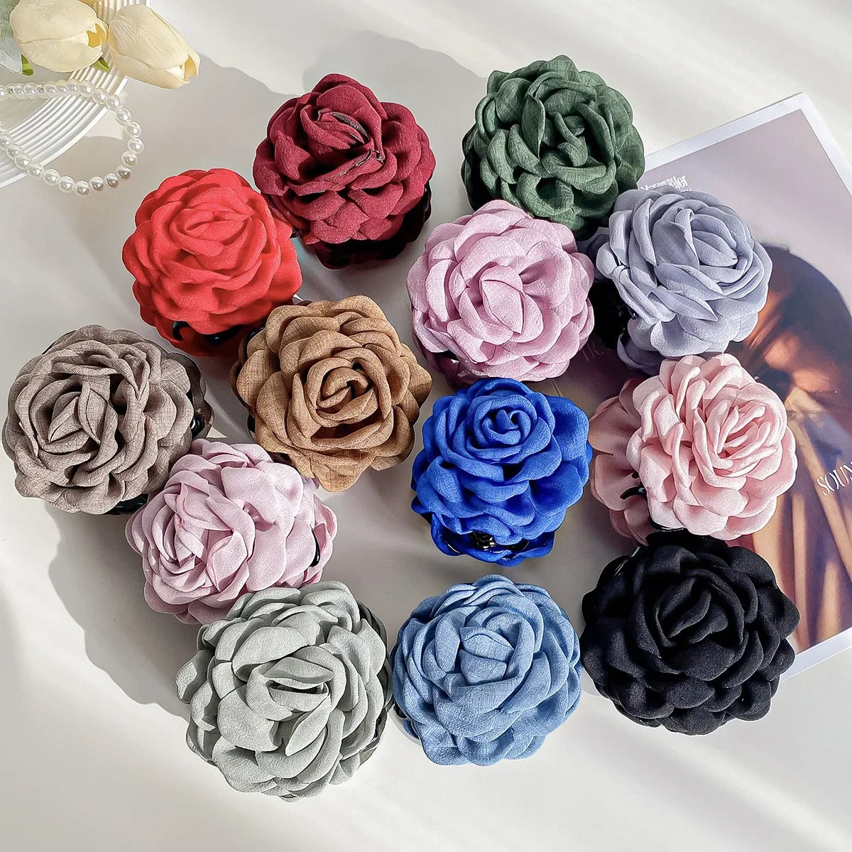 YHJ Three-Dimensional Rose Flower Hair Claw Handmade Fabric Flowers Ins Hot Grab Hair Clip Shark Clip Hair Accessories for Women